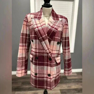 7 FOR ALL MANKIND Women Size S Pink/Red Plaid Double Breasted Peacoat Jacket